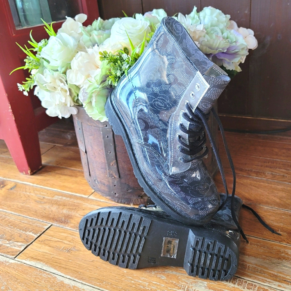 K2K Black Lace Clear Rubber Womens Ankle Boots New